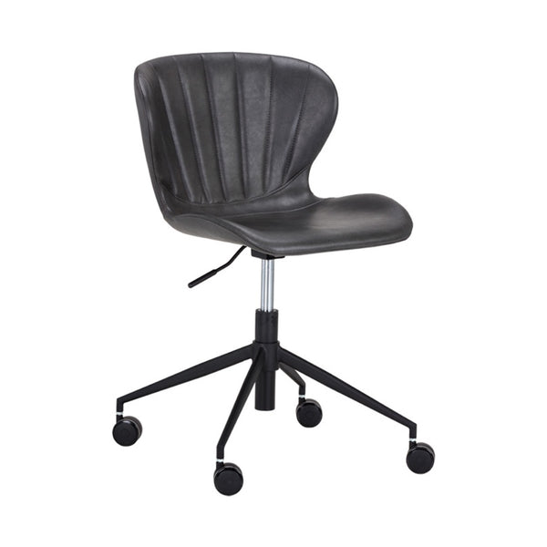 Chaise de bureau Anabelle, chaise pivotante à roulettes avec une assise en similicuir noir avec son capitonnage en canaux verticaux pour un design élégant et charmant par Maillé Style (Érik Maillé)