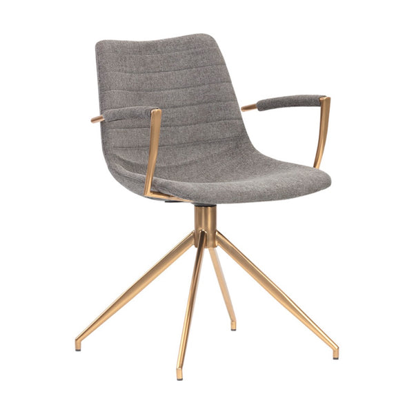 Chaise de salle à manger ANDREA, chaise avec accoudoirs rembourrés en tissu gris chiné et structure en acier doré . Fauteuil pivotant à la fois industriel et féminin par Maillé Style (Erik Maillé)