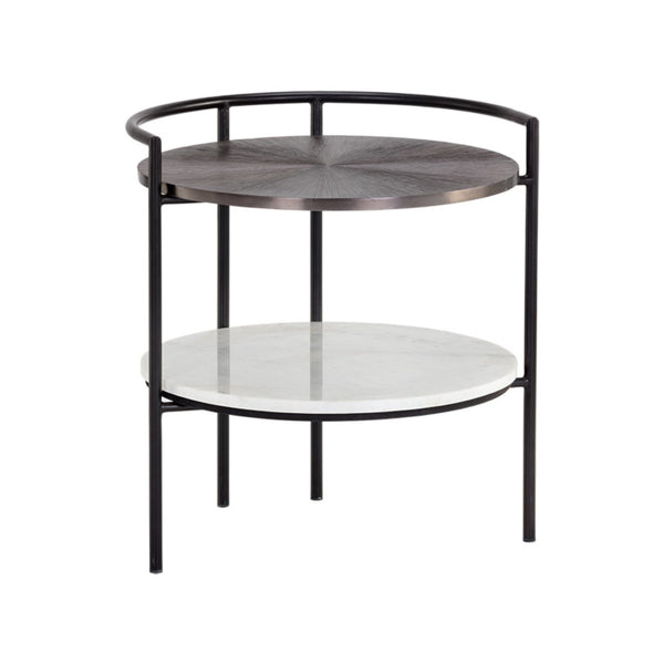 Brigitte, table de chevet unique par ses plateaux de marbre et de métal martelé et gravé donnant un design contemporain et lumineux par Maillé Style (Érik Maillé)