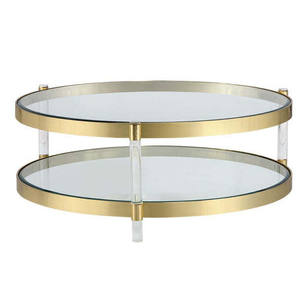 Table de salon Brigitte, table à café à double plateau x de verre clair encastré dans une structure de laiton pour un design glamour et impressionnant par Maillé Style (Érik Maillé)