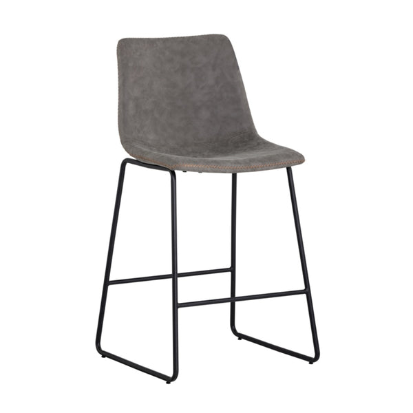Le tabouret de comptoir Carl en cuir gris antique présente un style confortable Midcentury et a un design compact par Maillé Style (Érik Maillé)