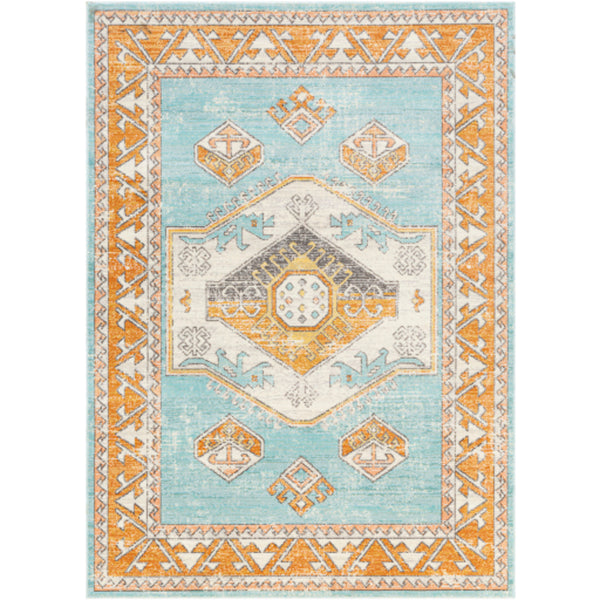 carpette turquoise orange motif creme bleu