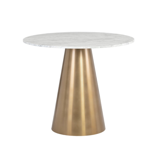 Table de salle à manger Damien, table rond de style bistro avec un plateau en marbre blanc et un pied unique or brossé pour un design magnifique, effilé et contemporain par Maillé Style (Érik Maillé)
