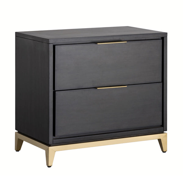 ELMON, table de chevet classique et contemporaine avec son rangement en bois brun-gris, ses deux tiroirs et sa quincaillerie or par Maillé Style (Érik Maillé)