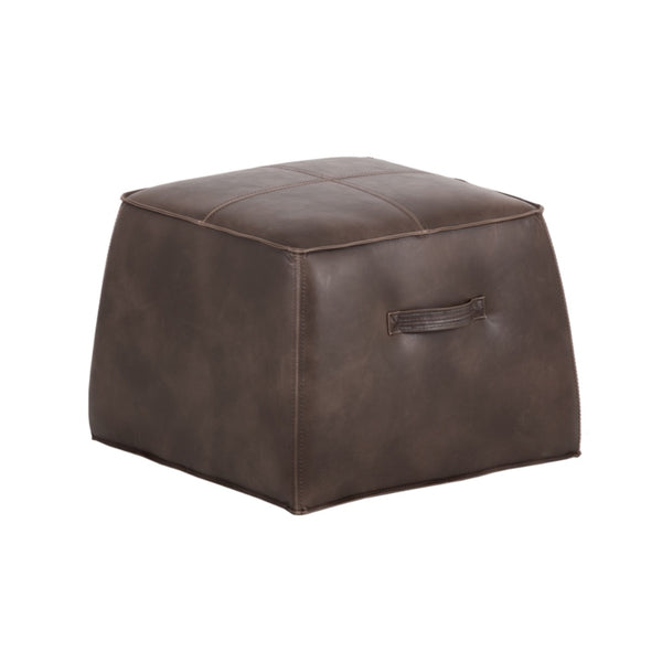 Pouf Gabriel cubique en similicuir couleur brun foncé avec poignées et coutures apparentes par Maillé Style (Érik Maillé)