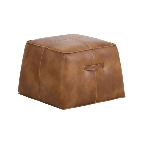 Pouf Gabriel cubique en cuir foncé avec poignées et coutures apparentes par Maillé Style (Érik Maillé)