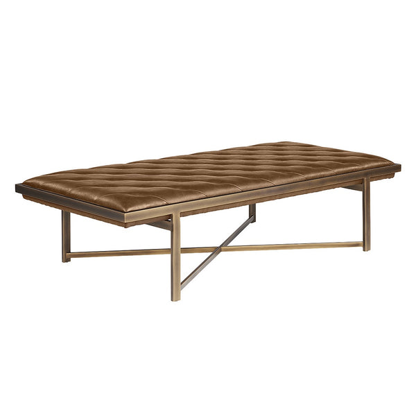 Pouf Kalya pouvant servir aussi de banc ou de table basse avec son assise en cuir capitonné cognac et une structure bronze rustique pour un style vintage, masculin et classique par Maillé Style (Érik Maillé)