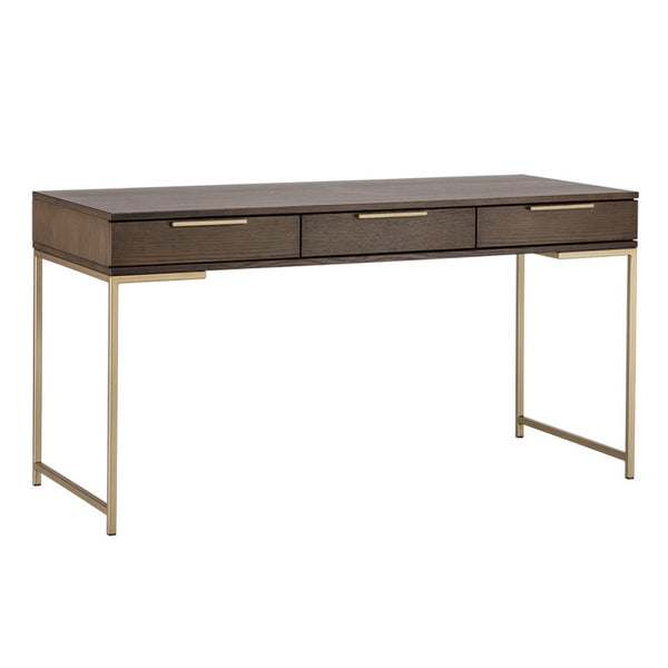 Bureau Micheline, bureau à 3 tiroirs en chêne brun avec un ajout de pied et quincaillerie en or brossé complétant le design contemporain par Maillé Style (Érik Maillé)