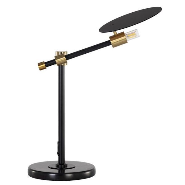 Lampe sur table Nelly, un luminaire particulier avec son abat-jour en disque et élégant avec ses insertions de laiton par Maillé Style (Érik Maillé)