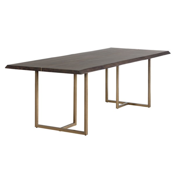 Table de salle à manger Nelly au plateau en acacia fumé et une structure en laiton antique pour un design rustique stylisé par Maillé Style (Érik Maillé)