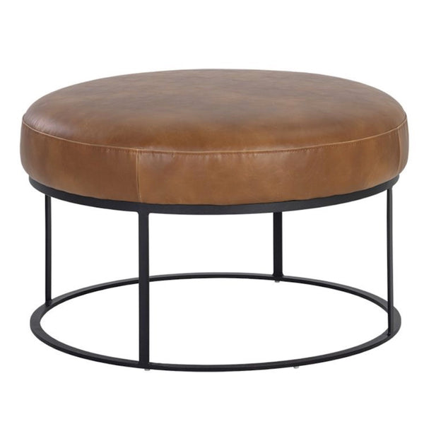 Pouf Olga en cuir cognac et structure noir mat pour un design minimaliste et aéré MidCentury par Maillé Style (Érik Maillé)
