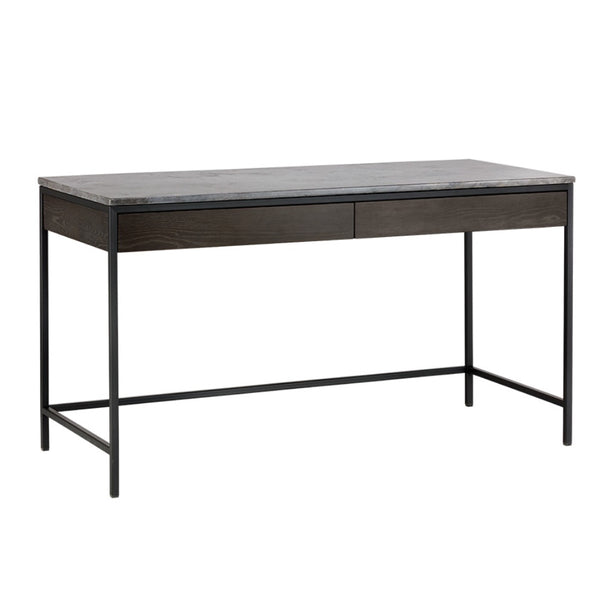 Le bureau Philippe, bureau à deux tiroirs en chêne gris très contemporain avec sa structure de fer peint gris charbon et son plateau en marbre gris clair par Maillé Style (Érik Maillé)