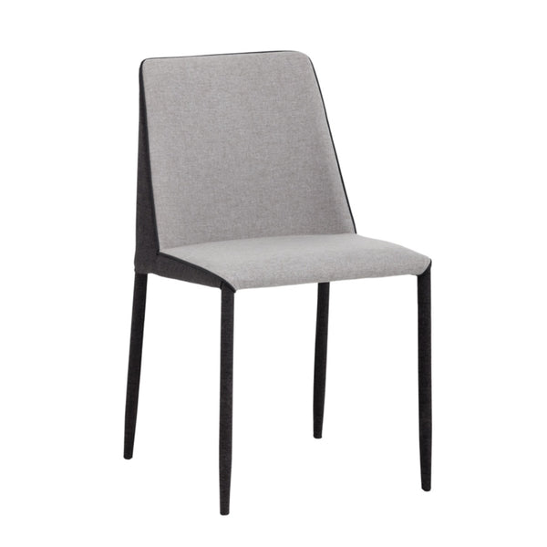 Chaise de salle à manger Irénée, chaise minimaliste, moderne et urbain avec son siège en tissu gris clair encastré par contraste avec un dossier et des pieds recouverts de tissu ardoise noire par Maillé Style (Érik Maillé)