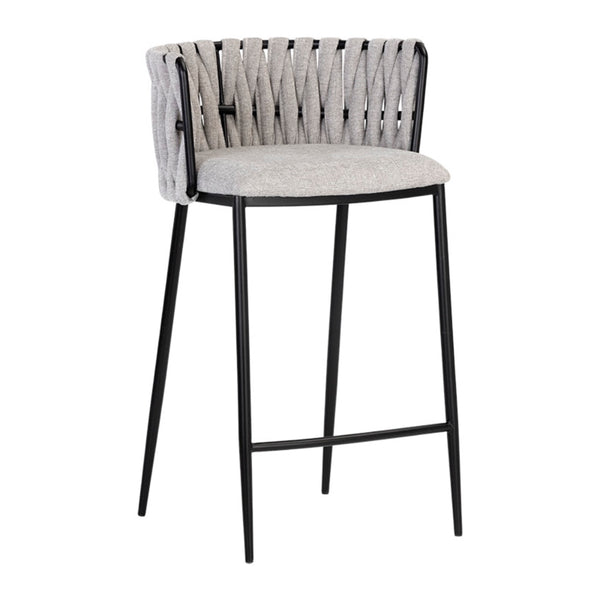 Tabouret de comptoir Sarah, tabouret original avec son dossier en tissu gris clair tressé pour un design contemporain et urbain par Maillé Style (Érik Maillé)