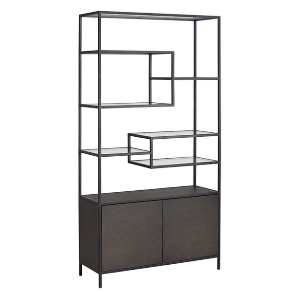Bibliothèque Solange, bibliothèque avec un rangement fermé, des tablettes de verre et une structure de métal noir géométrique par Maillé Style (Érik Maillé)
