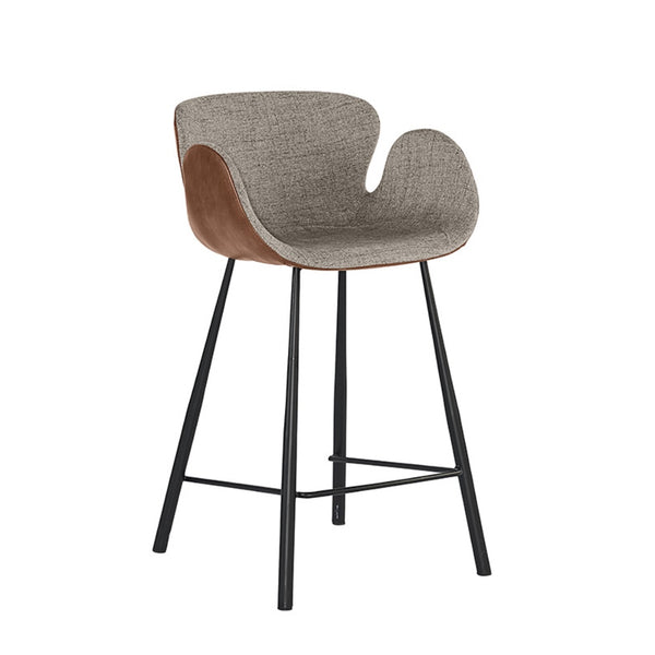 Tabouret de comptoir Wally, tabouret avec accoudoirs au design moderne Midcentury avec son siège bicolore (tissu gris et cuir brun) par Maillé Style (Érik Maillé)