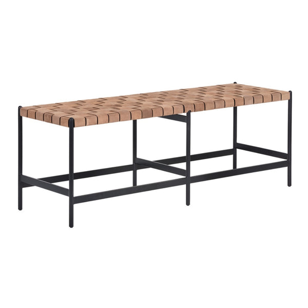 Banc Yoko, banc large avec une assise en cuir beige tressé et un piètement en fer noir par Maillé Style (Érik Maillé)