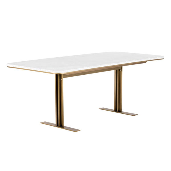 Table de salle à manger Ambra, table avec un plateau en marbre blanc et structure en T en laiton antique pour un design Art déco par Maillé Style (Érik Maillé)