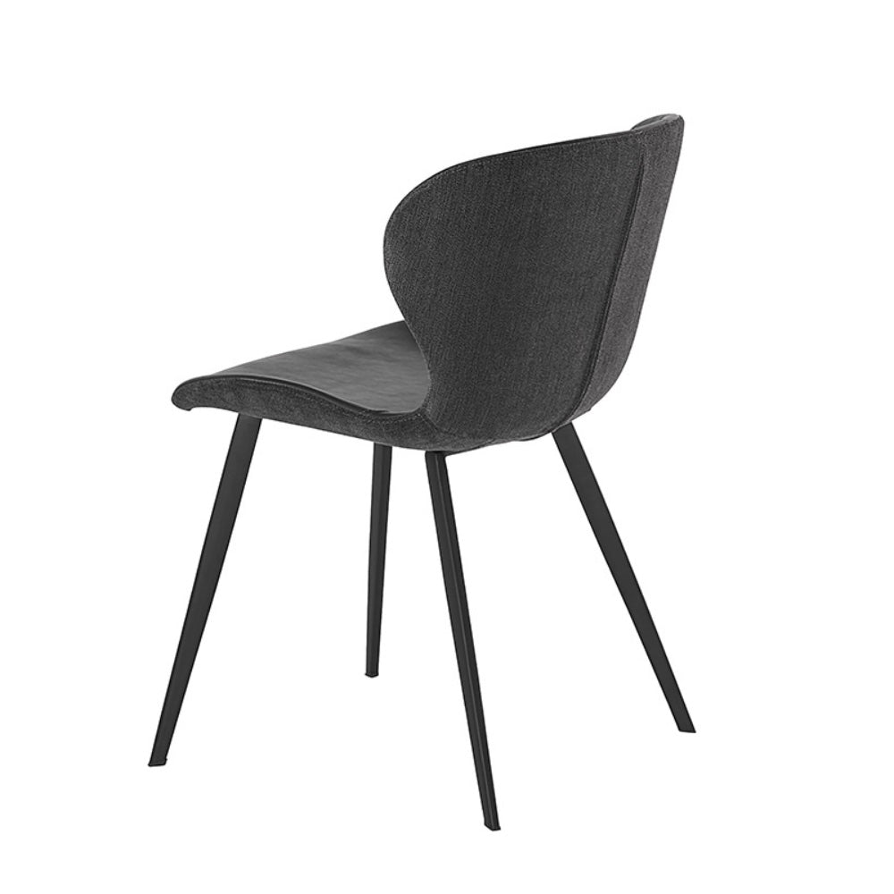 ANABELLE, chaise de salle à manger compacte, moderne et féminine en cuir vegan gris et tissu gris avec des pieds en métal noir par Maillé Style (Érik Maillé)