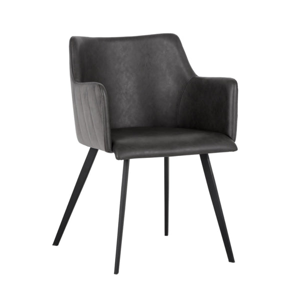 Chaise de salle à manger ANDY, fauteuil mêlant similicuir et tissu gris pour l'assise et pieds en métal noir par Maillé Style (Érik Maillé)