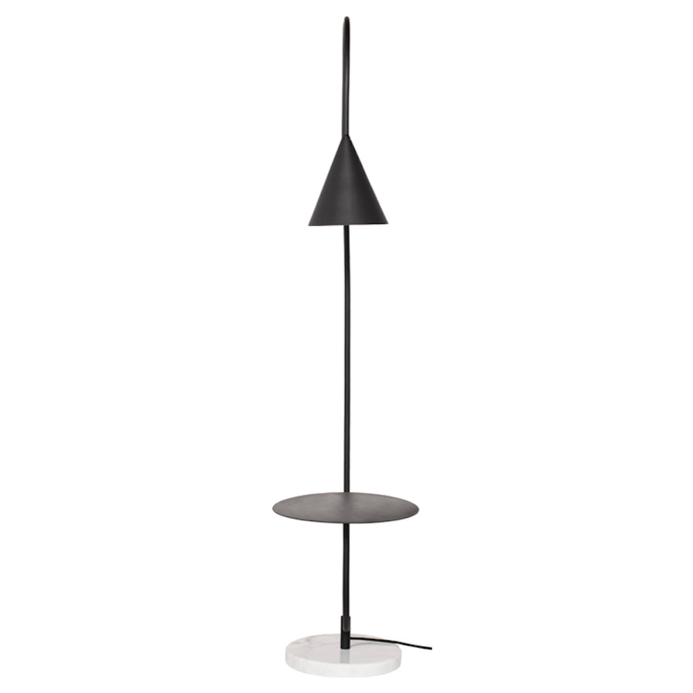 ARNOLD, lampe sur pied avec  une base en marbre blanc, une structure et un abat-jour en métal noir et une table d'appoint par Maillé Style (Érik Maillé)