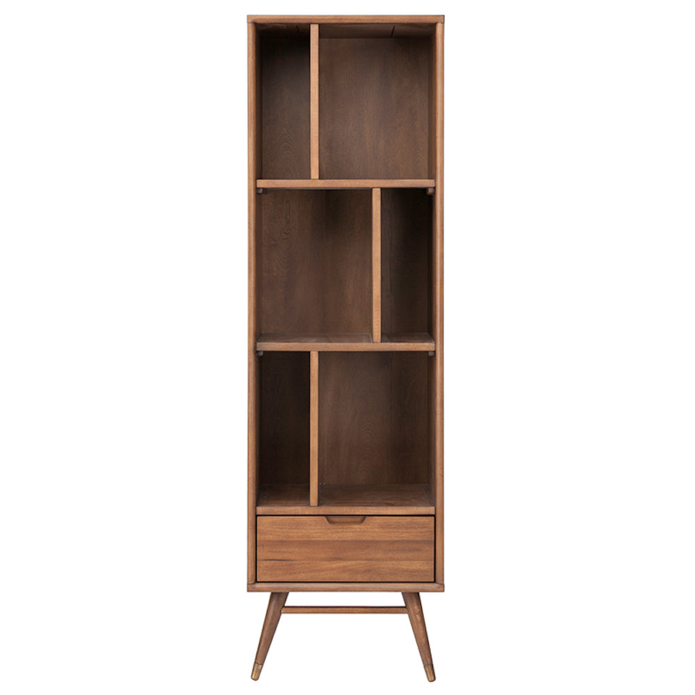 BAAS, bibliothèque avec 3 étagères et un tiroir en bois teint brun noyer et accent laiton par Maillé Style (Érik Maillé)