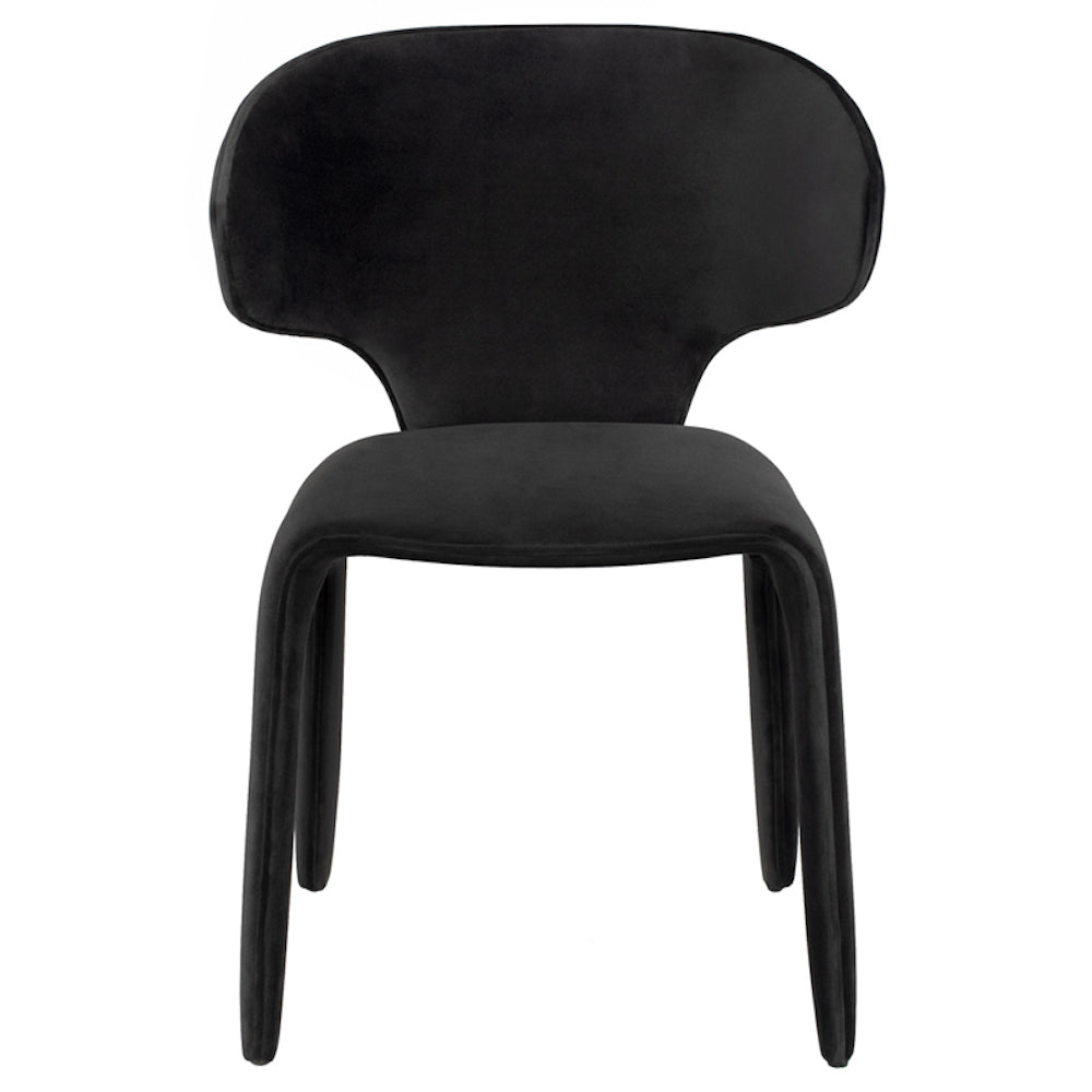 Bandi, chaise de salle à manger tout en velours gris foncé aux formes fluides et incurvées pour un design unique, organique et gracieux par Maillé Style (Érik Maillé)