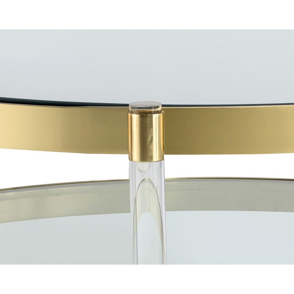 Table de salon Brigitte, table à café à double plateau x de verre clair encastré dans une structure de laiton  pour un design glamour et impressionnant par Maillé Style (Érik Maillé)