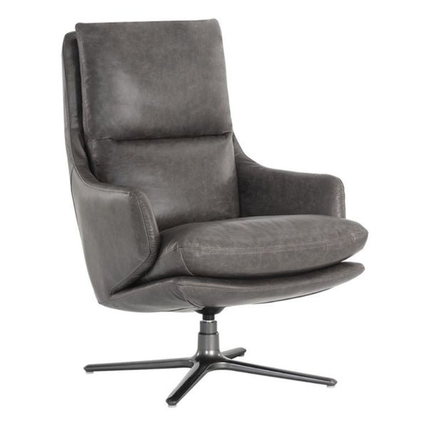 Fauteuil Cardina avec son assise en cuir gris foncé soutenue par un pied pivotant pour style MidCentury et un design  contemporain et masculin par Maillé Style (Érik Maillé)