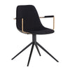 Chaise de salle à manger pivotante Carole avec un siège en tissu noir à l'intérieur et similicuir noir capitonné en rainure à l'extérieur. Élégante, contemporain et urbain avec ses bras dorés et son pied en métal noir par Maillé Style (Érik Maillé)