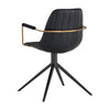 Chaise de salle à manger pivotante Carole avec un siège en tissu noir à l'intérieur et similicuir noir capitonné en rainure à l'extérieur. Élégante, contemporain et urbain avec ses bras dorés et son pied en métal noir par Maillé Style (Érik Maillé)