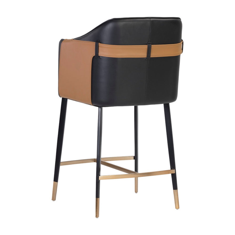 Tabouret de comptoir avec accoudoirs Cartier, tabouret élégant avec son cuir noir et son accent  en cuir cognac reprenant un design moderne et contemporain par Maillé Style (Érik Maillé)