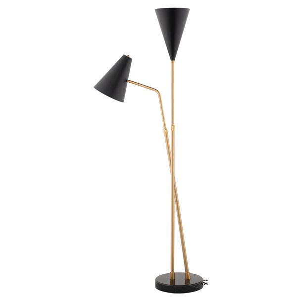 CELIKA, lampe sur pied avec deux abat-jours différents noir mat, des pieds en or brossé et une base en marbre noir par Maillé Style (Érik Maillé)