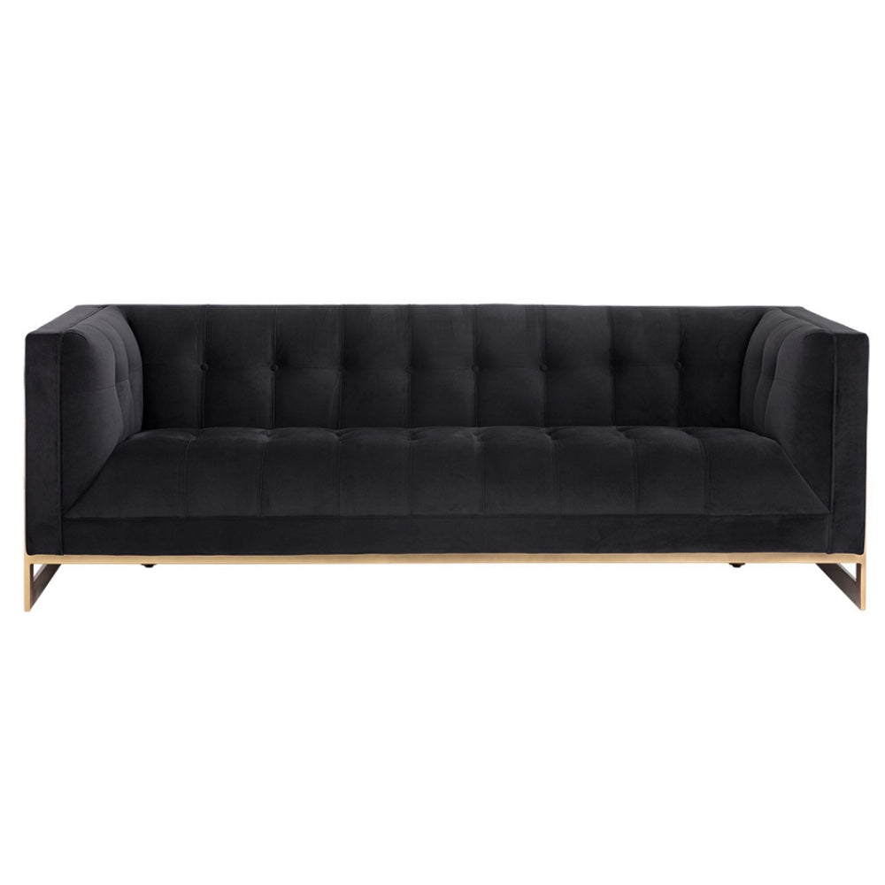 Sofa Clara, canapé en velours noir capitonné à boutons profonds dans une structure visible en bronze rustique par Maillé Style (Érik Maillé)