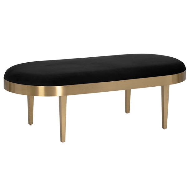 Banc Coralie, banc oval avec une assise de tissu noir encastré dans une base dorée par Maillé Style (Érik Maillé)