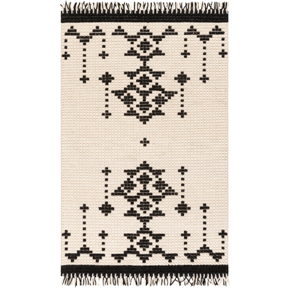 carpette aztèque noir blanc frange creme Maillé Style