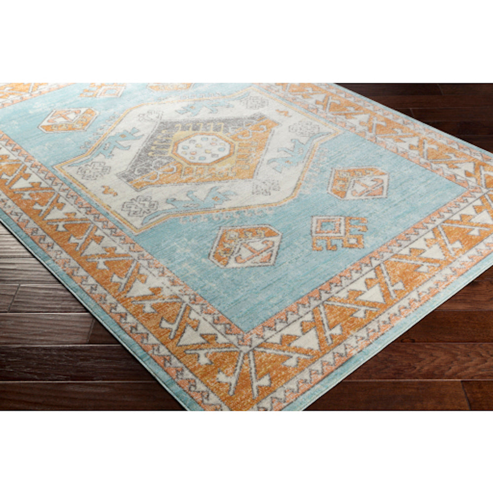 carpette turquoise orange motif creme bleu