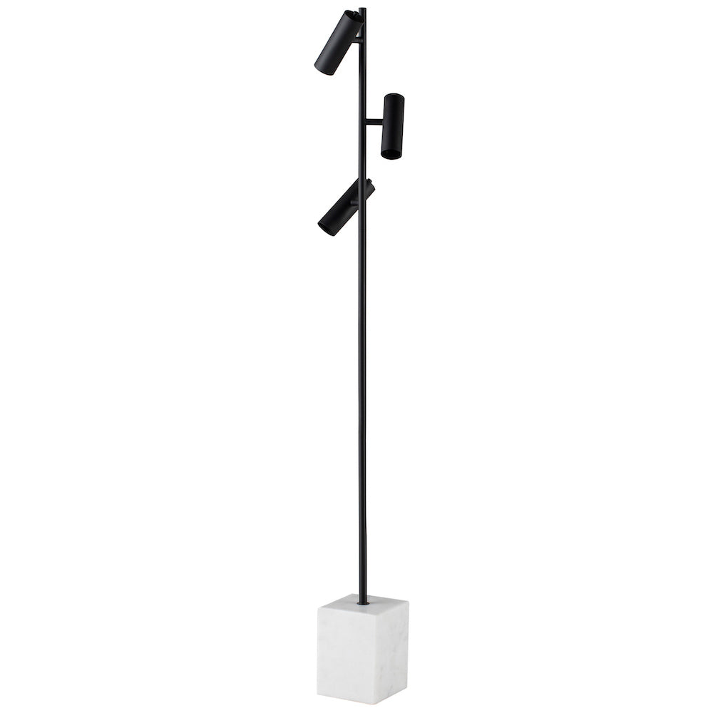 Lampe sur pied DANE doté de 3 abat-jours tubulaires très simples, avec un fini noir mat et une base en marbre blanc par Maillé Style (Érik Maillé)