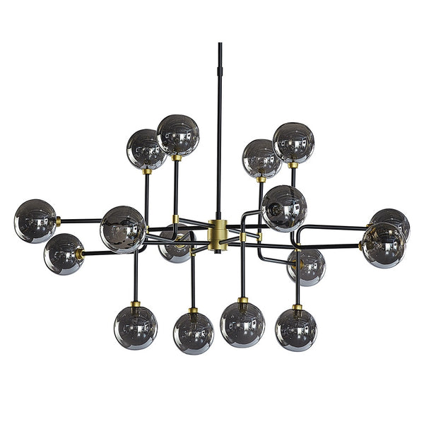 Luminaire suspendu Dino, chandelier moderne et impressionnant avec seize boules de verre gris fumé retenues par une structure de métal noir avec des accents dorés, par Maillé Style (Érik Maillé)