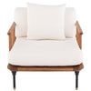 La chaise DISTRIKT est un fauteuil composé d'une base de chêne fumé et de coussins moelleux en tissu blanc cassé  mis en valeur par des accoudoirs à barreaux par Maillé Style (Érik Maillé)