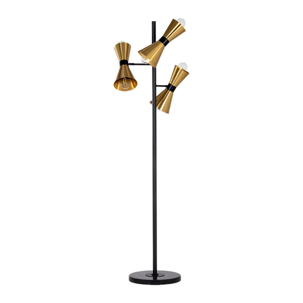 La lampe sur pied Dora est une lampe au design moderne avec ses abat-jour coniques en laiton doré, sa structure en métal noir et sa base en marbre noir par Maillé Style (Érik Maillé)