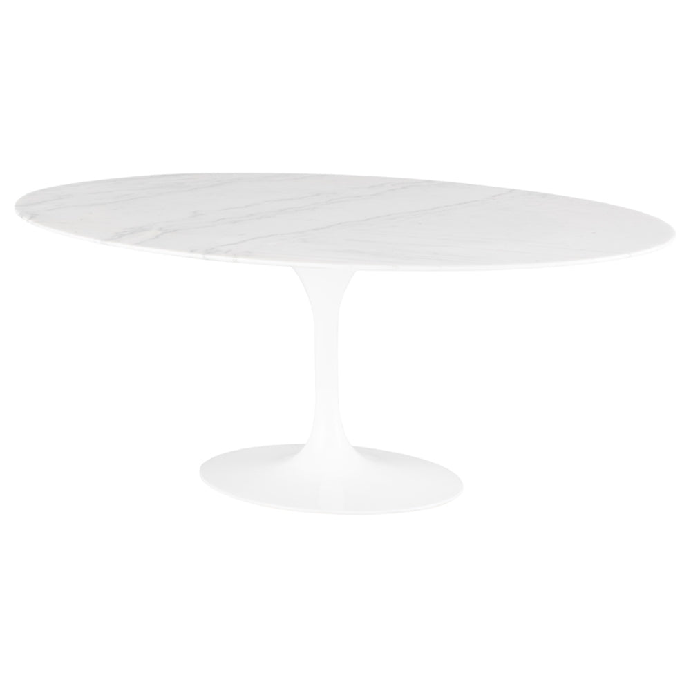 La table de salle à manger ECHO est un classique du style MidCentury avec son plateau oval en marbre blanc et le pied unique blanc par Maillé Style (Érik Maillé)