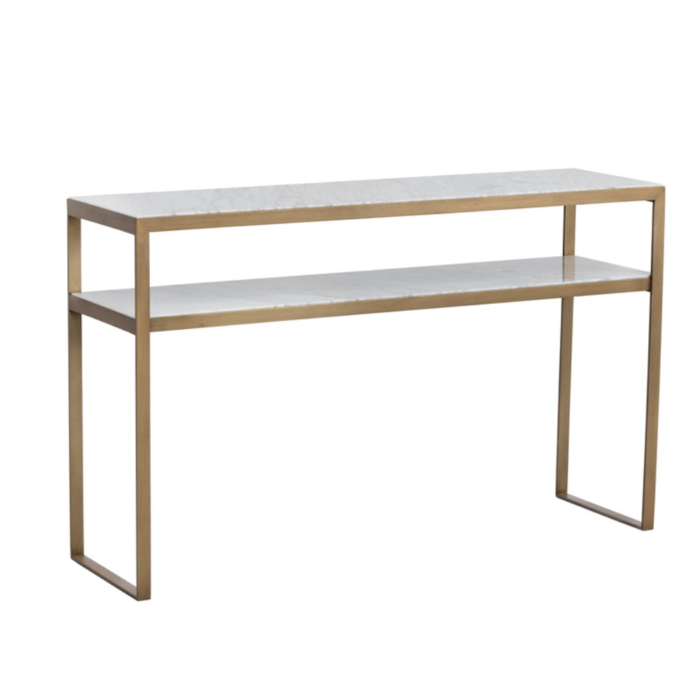 Console Every, belle table simple avec deux plateaux en marbre blanc encastrés dans une structure en laiton par Maillé Style (Érik Maillé)