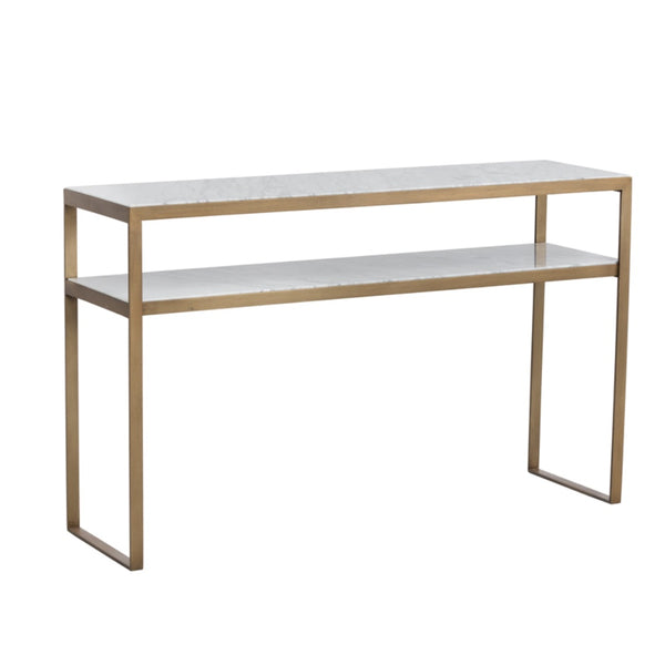 Console Every, belle table simple avec deux plateaux en marbre blanc encastrés dans une structure en laiton par Maillé Style (Érik Maillé)