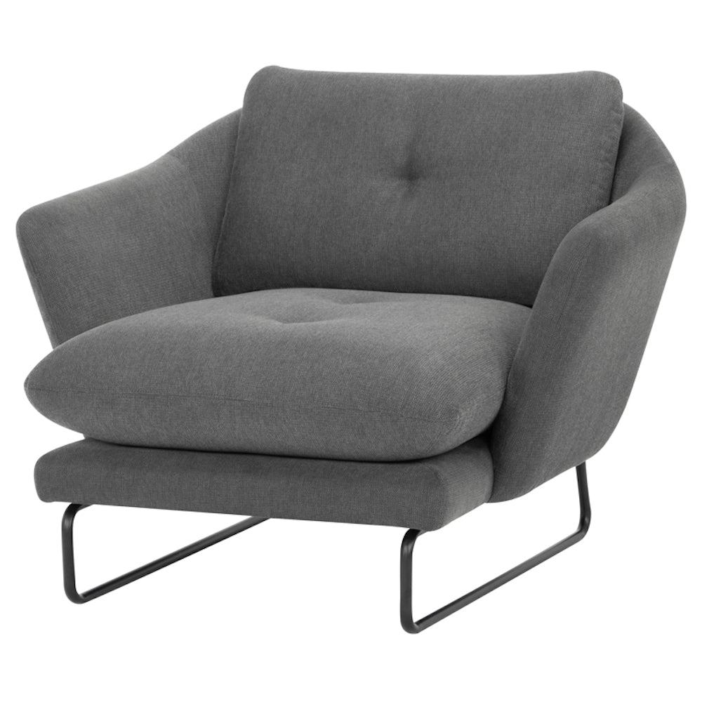Chaise FRANKIE, fauteuil en tissu gris graphite et pied en métal noir mat par Maillé Style (Érik Maillé)