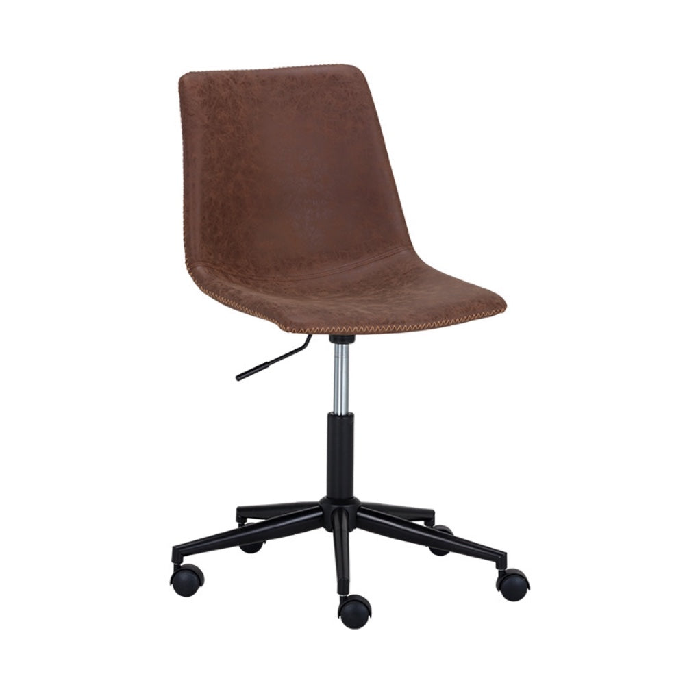 La chaise de bureau Henri, chaise simple et compacte en cuir brun antique avec coutures visibles pour un design Mid-Century par Maillé Style (Érik Maillé)