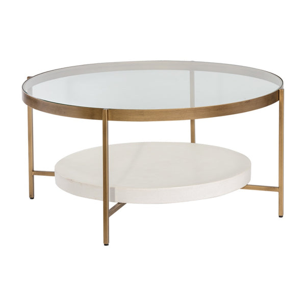 Table basse Jérôme, table de salon ronde avec un plateau en verre clair et une tablette en béton blanc pour un design élégant et discret par Maillé Style (Érik Maillé)