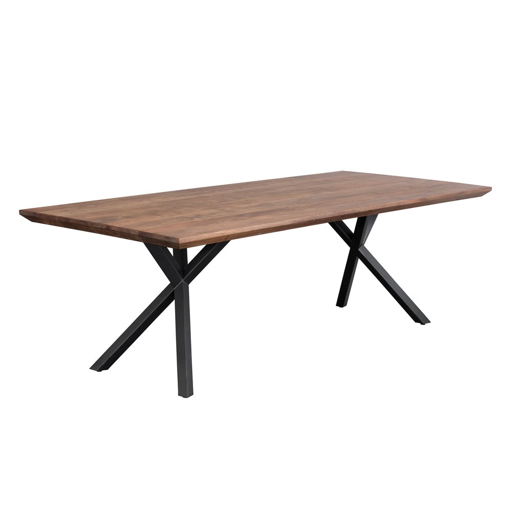 Table de salle à manger Karlo, table au plateau en acacia biseauté et aux pieds croisés en métal noir mat pour un design urbain et élégant par Maillé Style (Érik Maillé)
