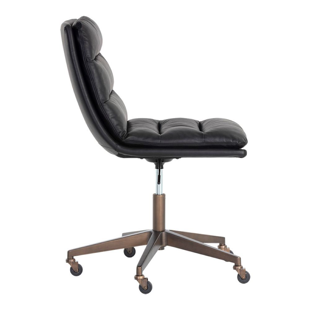 LA CHAISE DE BUREAU - NOIRE - FAUX - CUIR - ROULETTES - LAITON ANTIQUE - CAPITONNÉE - MAILLESTYLE