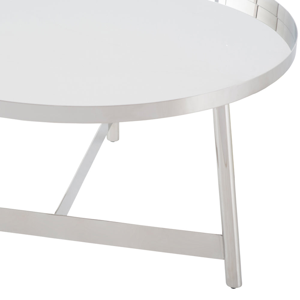 Table de salon LANDON, table basse au fini en acier inoxydable poli et possibilité d'assemblage avec la table d'appoint par Maillé Style (Érik Maillé)